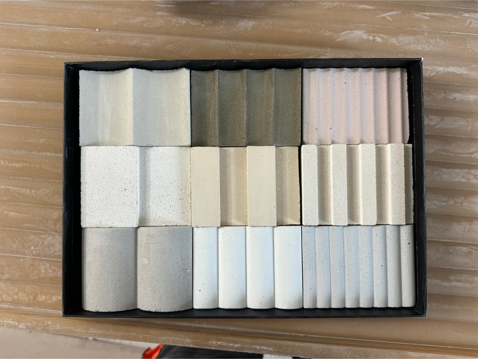 Muraali sample box, showing all panel families, sizes, and colours