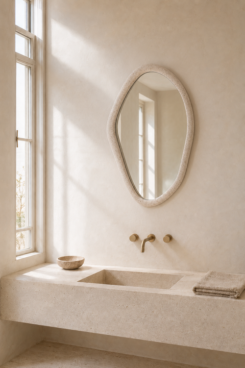 Organic-shaped stone mirror above a floating stone vanity sink, minimalist bathroom